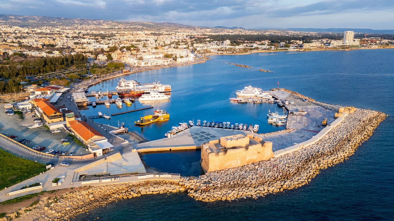 Aerial view of Paphos harbour and its medieval fort