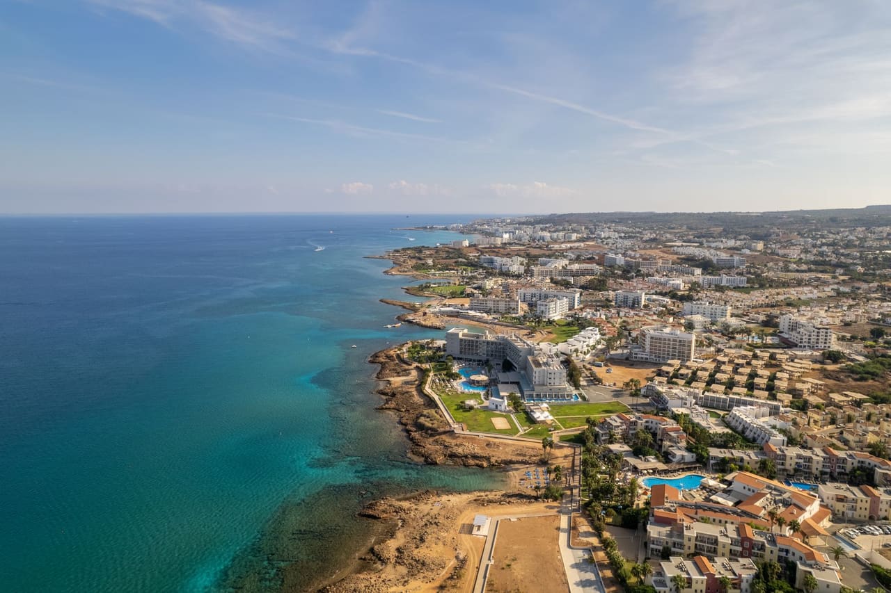 Aerial view of the hotels and bays along the Protaras coastline