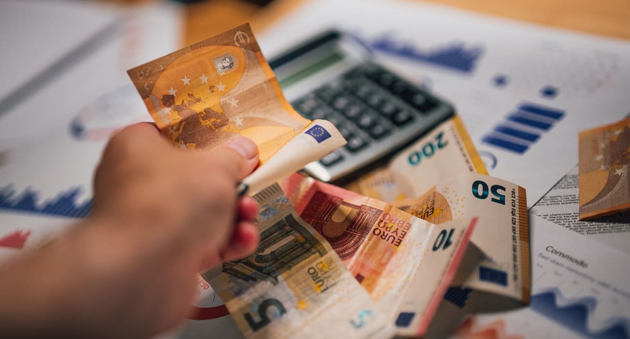 Euro banknotları ve hesap makinesiyle maliyet hesabı